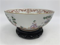 Porcelain 10 Inch Bowl on Carved Wood Stand