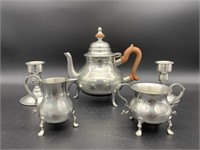Williamsburg Stieff Pewter Tea Set & Kirk Candle