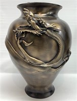 Large Asian Dragon Metal Urn Vase - Heavy