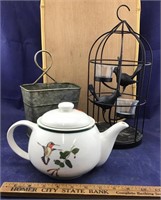 Hummingbird Teapot & Metal Votive Bird Cage/Birds