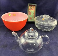Glass Teapot & Vintage Casserole & Red Glasbake