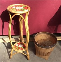 Vintage Handpainted Rattan Stand and Wicker Basket