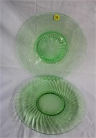 2 green glass cake plate 10.5 and 10"