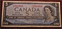 Billet de banque de 5$ dollar de 1954