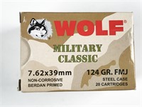7.62x39, box of 20rds Wolf Military Classic, 124