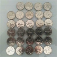 Complet: 29 pièces de 25 cents Canada en Nickel