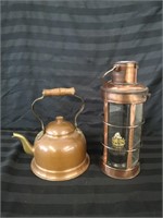 Vintage wooden handle teapot and oil lantern