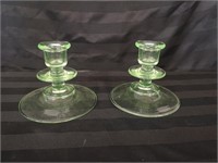 Vintage green uranium glass candlesticks.