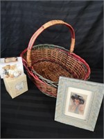 Wicker basket, picture frame & cherished teddy
