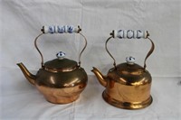 2 Brass kettles with porcelain handles