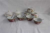 Soup bowls and set of 4 sake bowls and spoon