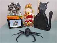 Metal Cat Candle Holder, Lighted House,& Scarecrow