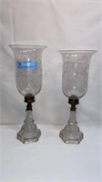 EARLY GLASS CANDLESTICKS WITH ETCHED SHADES
