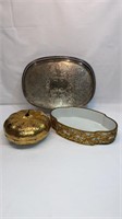 GOLD MOUNTED CENTER BOWL, DECORATED , SP TRAY,
