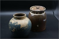 Antique Pottery Lot Floral Vase/ Jar w Lid