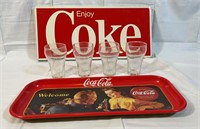Metal Enjoy Coke Sign, Glasses & Tray