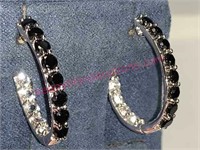 Sterling silver black onyx-white sap hoop earrings