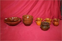 8pc Pottery Brown glaze; 10" bowl, 3 pitchers