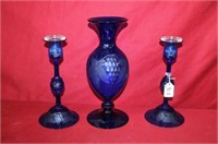 3 Piece cobalt blue Candle Stands & Vase