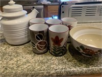 Porcelain Teapot, Cups and Bowl