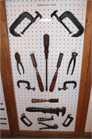 Carpenters Tools including Screw Clamps, Pliers,