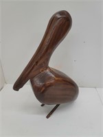 Vtg. Solid Wood Carved Pelican Statue
