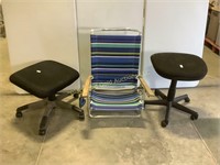 Beach chair and two office chairs w/o back