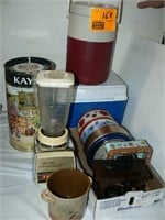 2 COOLERS, TINS, OSTERIZER BLENDER, MUSIC BOX