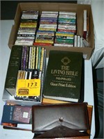 BOX OF CASSETTES, BIBLES, CDs, RELIGIOUS BOOKS