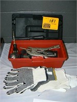 SMALL TOOL BOX WITH HAND TOOLS, NEW GLOVES