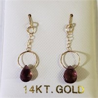 14K Yellow Gold Garnet Dangle Hook Earrings SJC