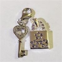 Sterling Silver Cz Heart Key & Lock Charms/Pendant