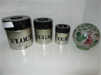 VINTAGE CANISTERS AND LIGHT GLOBE