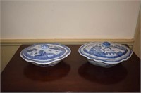 2 Flow Blue Chinese Canton Covered Casseroles