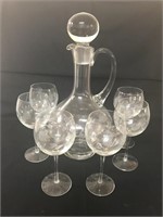 Etched Wine Decanter and Six Stemware Glasses