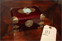 Vintage Asian wood, brass, and jade jewelry box