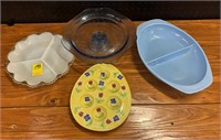 Cake platter, serving dishes, one pyrex