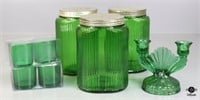 Green Glass Canisters & Candle Holders 8pc