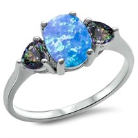 Oval Blue Opal & Rainbow Cz Heart Ring