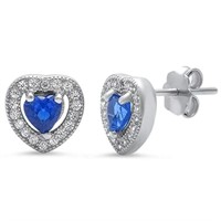 Blue Sapphire & Pave Cz Heart Earrings