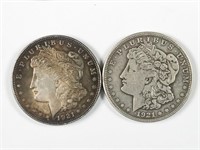 2pc 1921 Morgan silver dollars: 1921(P), 1921-S