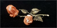 800 Silver Carved Coral Rose Brooch Pin
