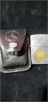 Zippo Lighter in Leather Peace Sign Case