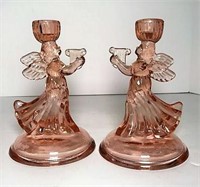 Molded Pink Glass Angel Candle Holders