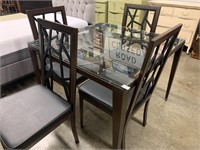 BLACK AND GLASS TABLE AND 4 CHAIRS