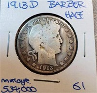 1913D Barber Half Dollar KEY DATE Mintage 534,000