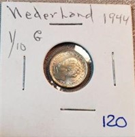 1944 Curacao 1/10 Gulden 0.0266 oz Silver