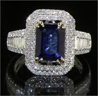 14kt Gold 3.86 ct Step Cut Sapphire & Diamond Ring