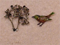 2 Sterling Silver Floral and Bird Brooch