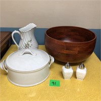 Wooden Bowl lot with Pitcher, S&P Set